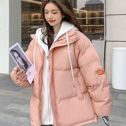 Pink cotton-padded jacket for women short 2024 new winter Korean version thickened student jacket fake two-piece down padded jacket