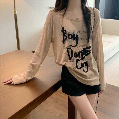 Real shot real autumn sun protection blouse printed long-sleeved T-shirt loose thin top for women