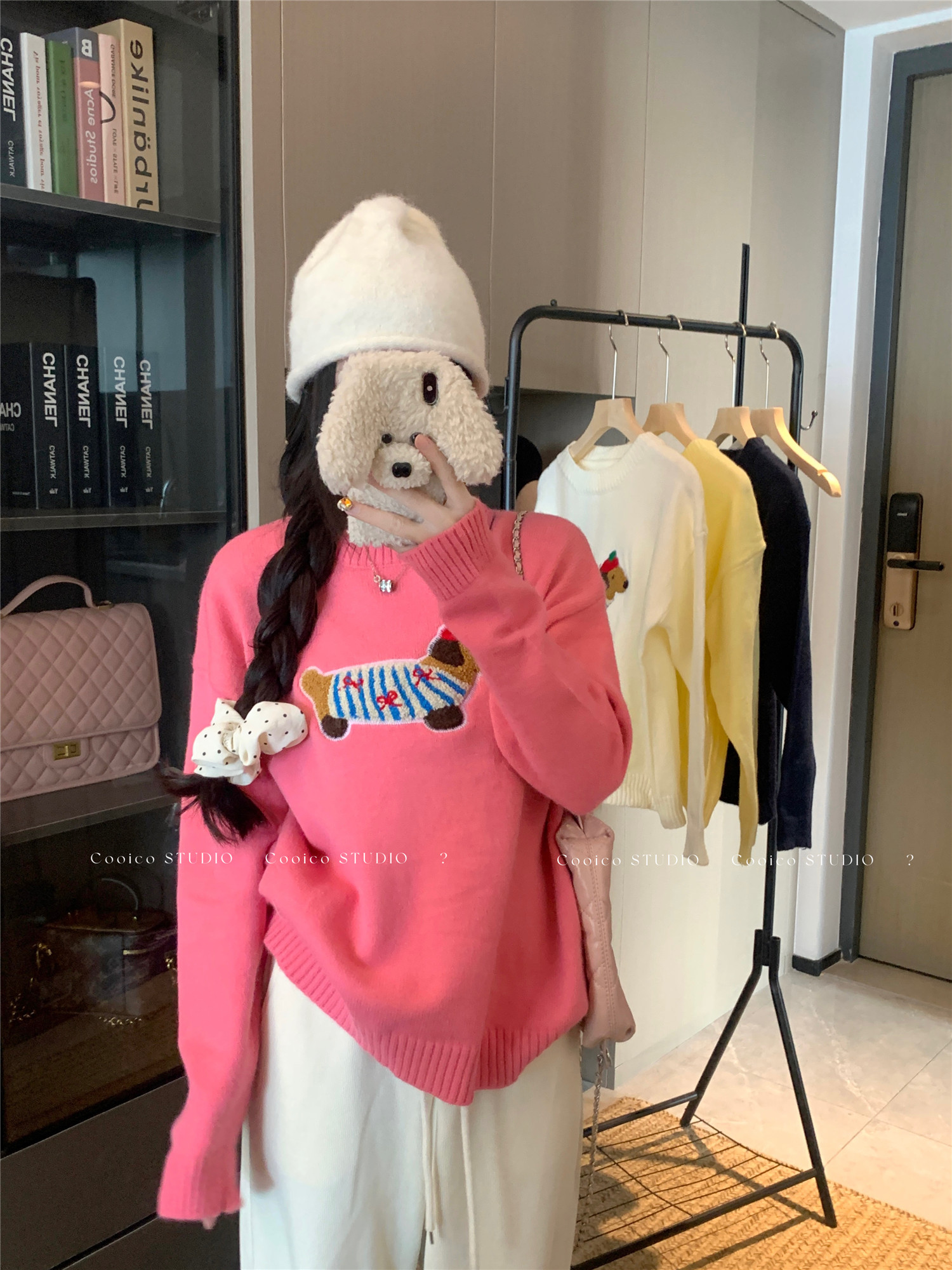 Real shot ~ Korean cartoon dachshund puppy sweater autumn and winter new age-reducing long-sleeved knitted jacket top