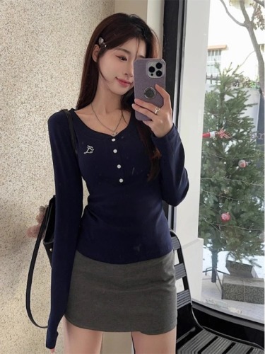 Real shot - 92 cotton/8 spandex 40 count 220g pure cotton 2024 autumn and winter embroidered letter button 