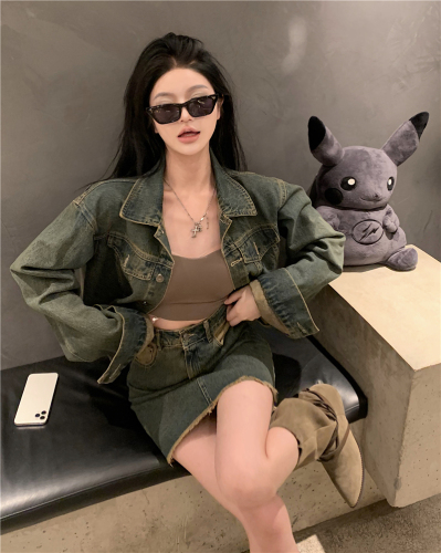 Real shot!  Street denim suit for women, retro raw edge denim jacket, high waist skirt, two-piece trendy set