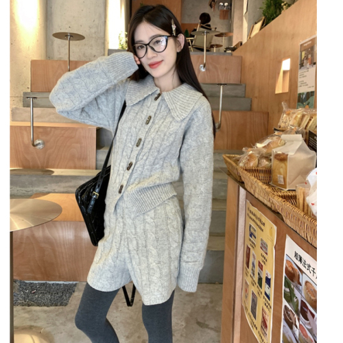 Korean new style lapel twist horn button knitted suit thickened sweater suit two-piece set