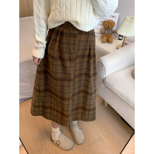 Retro woolen skirt women's mid-length spring and autumn 2024 new high-waisted slim a-line umbrella skirt autumn and winter plaid skirt