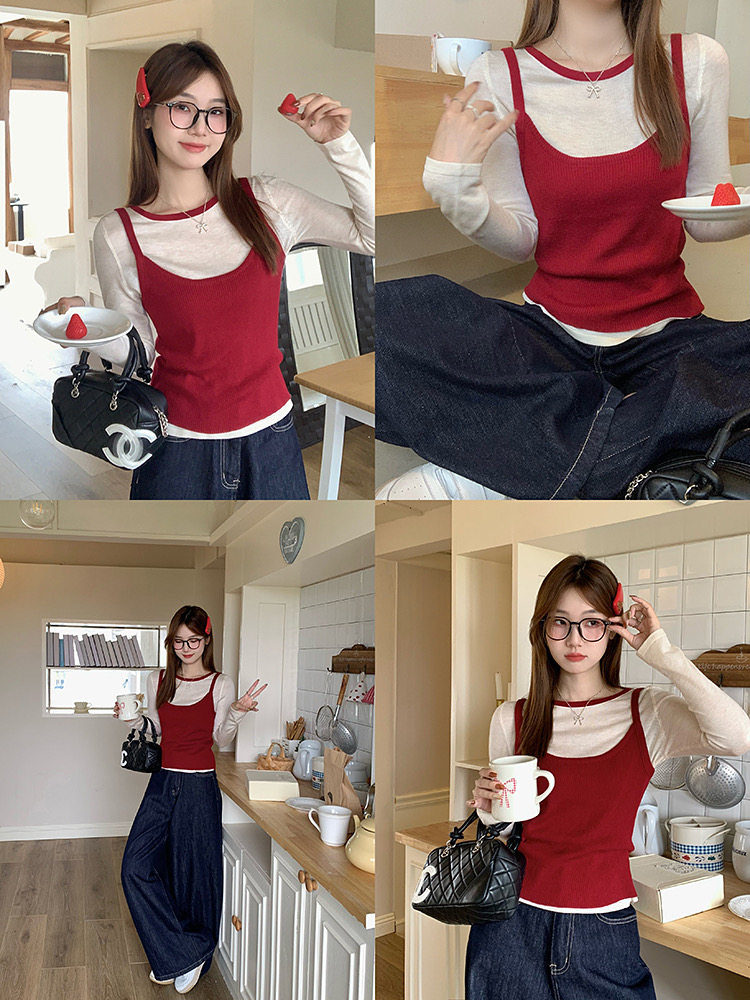 Women's Korean Style Layered Set with Soft Color Block Round Neck Knit Top and Versatile Slimming Tank Top Two-Piece Fall Outfit
