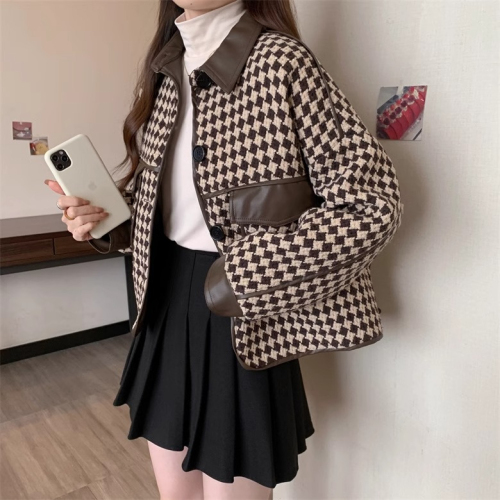 Women's houndstooth small fragrant style coat autumn new fat girl high-end fashion loose and slim short leather jacket