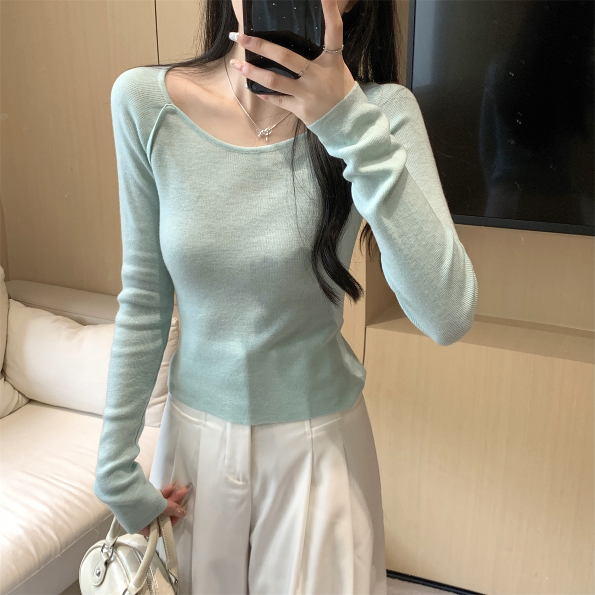 Real shot of autumn and winter Korean style slim fit gentle round neck raglan 6 wool knitted bottoming long-sleeved top