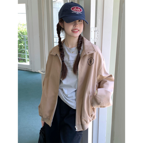 Real shot of American retro letter embroidered khaki embroidered cardigan jacket for women 2024 autumn loose zipper top