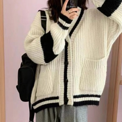 Korean style lazy college style sweater jacket for women spring and autumn loose retro striped mid-length knitted cardigan top