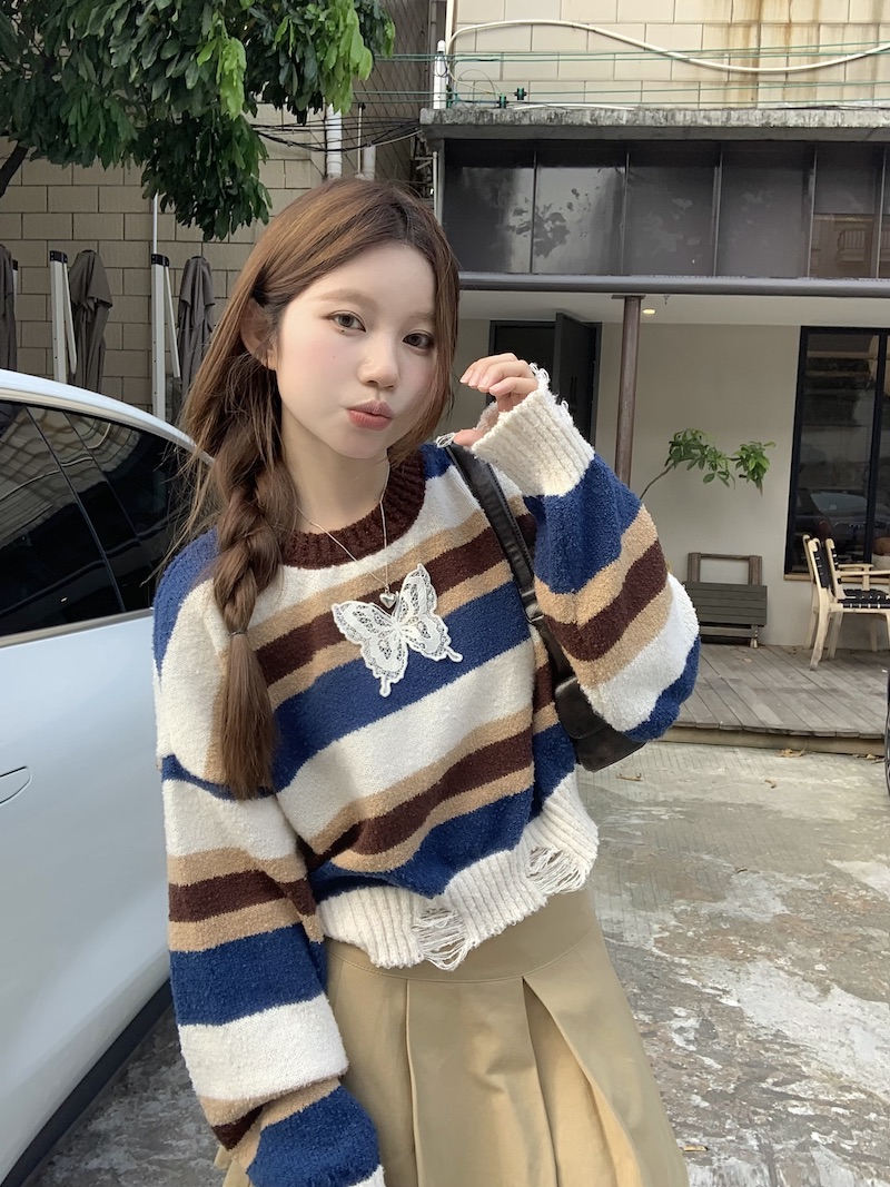 Actual shot Korean style loose casual lazy long-sleeved bow contrast striped sweater bottoming shirt