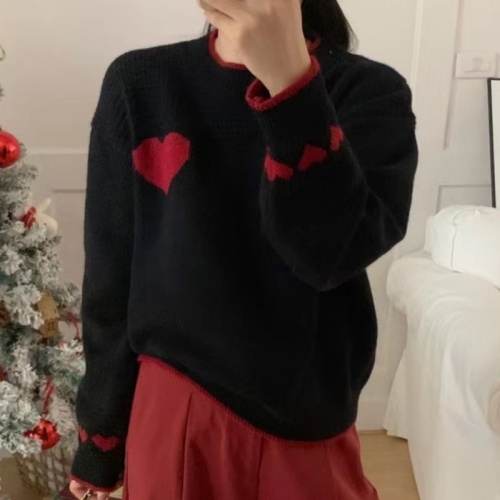 Contrast color heart-shaped sweater 2024 new autumn and winter style, fashionable and age-reducing, loose, slim and versatile