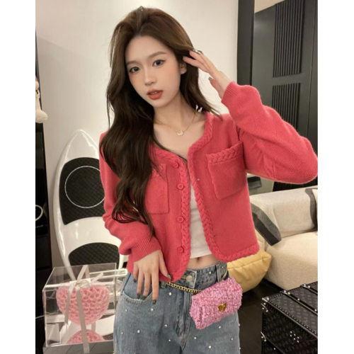 Korean style short-sleeved twist knitted cardigan with small fragrance design and long-sleeved pink knitted sweater