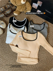 實拍~秋冬磨毛保暖上衣圓領帶胸墊撞色修身長袖打底衣