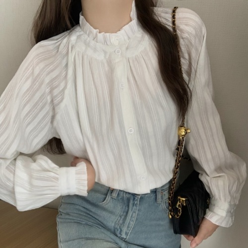 Actual shot of pure cotton, three standards, 2024 autumn French stand-up collar white shirt with earrings, women's inner wear trendy top