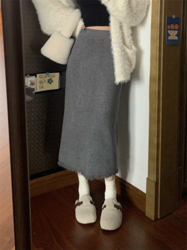 Real shot of autumn and winter knitted skirt mid-length fringed slit A-line straight one-step hip skirt