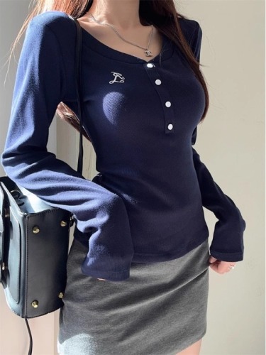 Real shot - 92 cotton/8 spandex 40 count 220g pure cotton 2024 autumn and winter embroidered letter button 