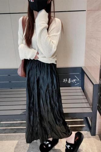 Actual shot ~ Autumn and winter lazy style high-end PU leather pleated high-waisted half dress