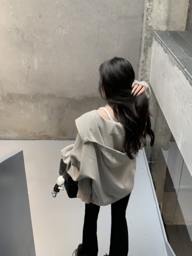 Real shot!  American Hot Girl Gray Hooded Cardigan Sweater Women's Spring and Autumn Loose Chic Casual Versatile Trendy Top