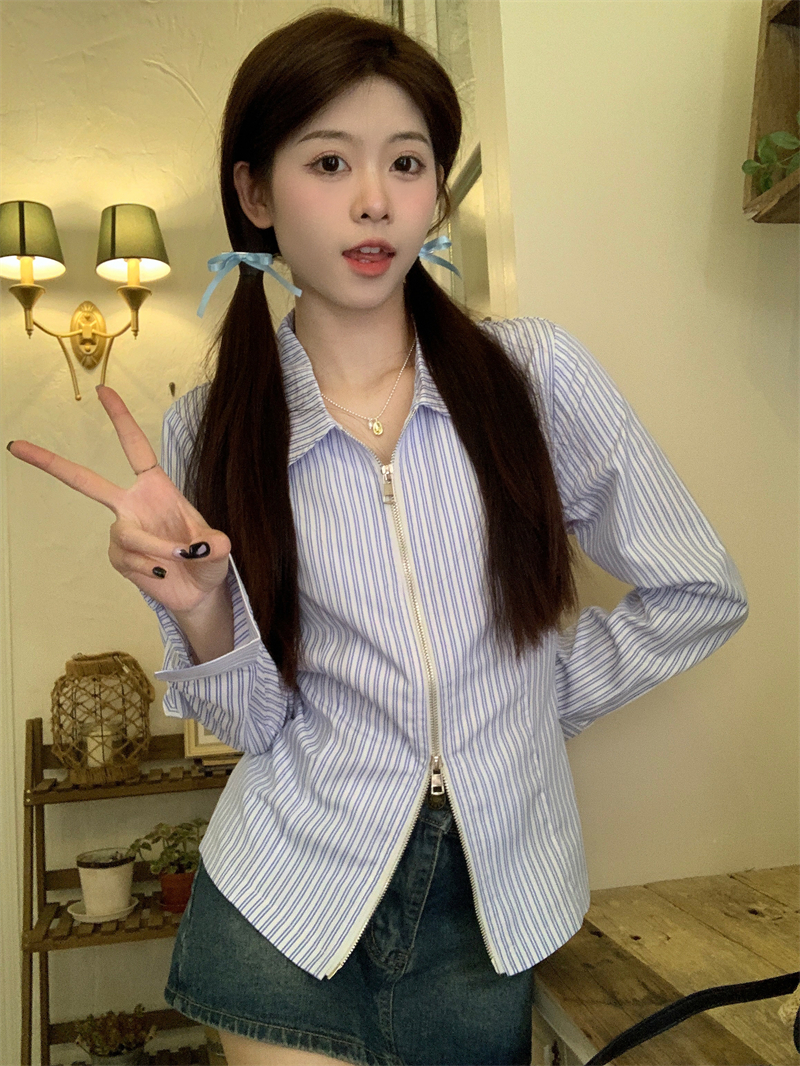 Real shot Autumn new design high-end double zipper shirt unique and versatile loose top for women