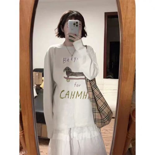 Pure cotton personalized print long-sleeve women's white contrast color simple inner wear high-end base top