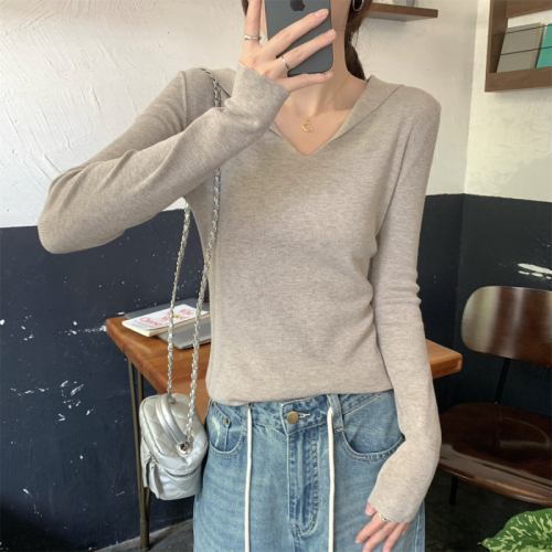 Actual shot of autumn and winter Korean style slim-fitting lapel, versatile, slimming 6 wool knitted long-sleeved bottoming shirt top