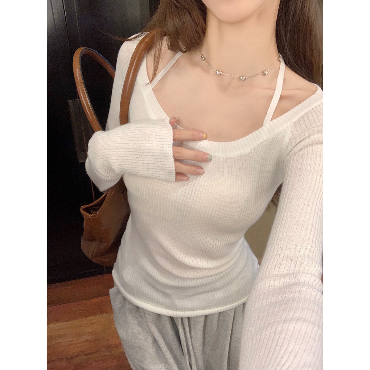 Actual shot of autumn and winter Korean style round neck slim pure desire halterneck slimming 6 wool knitted bottoming long-sleeved top