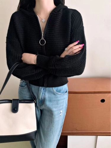 Korean chic college style lazy style loose and versatile zipper lapel sweater jacket for women all-match knitted cardigan