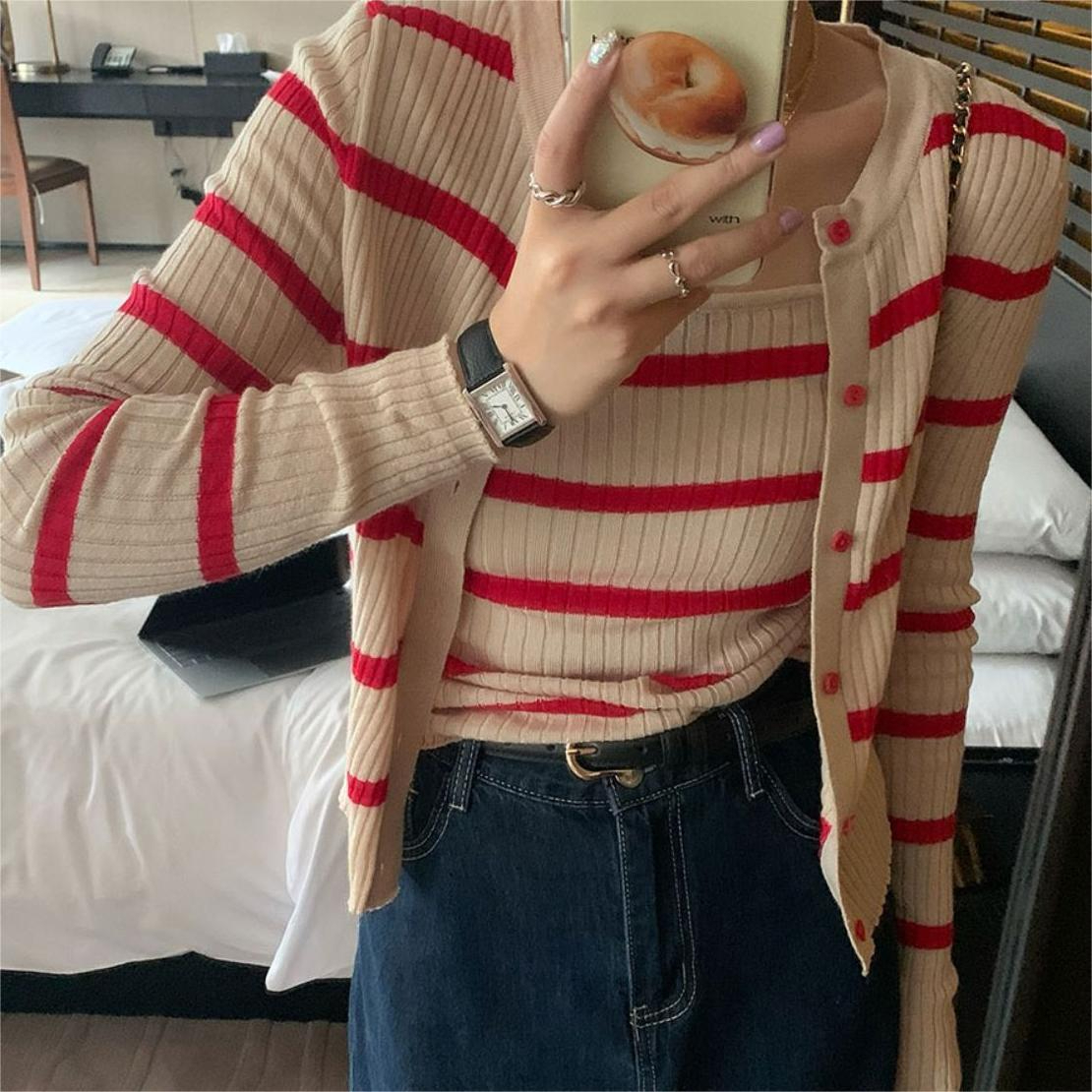 已出貨 秋季韓版條紋外搭疊穿辣妹開衫女士+修身短款打底小吊帶