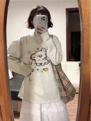 Pure cotton personalized print long-sleeve women's white color-blocked minimalist innerwear high-end base top