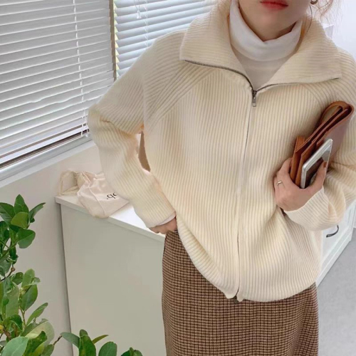 Korean style retro zipper knitted cardigan for women 2024 autumn and winter loose outer wear lazy style lapel sweater jacket top