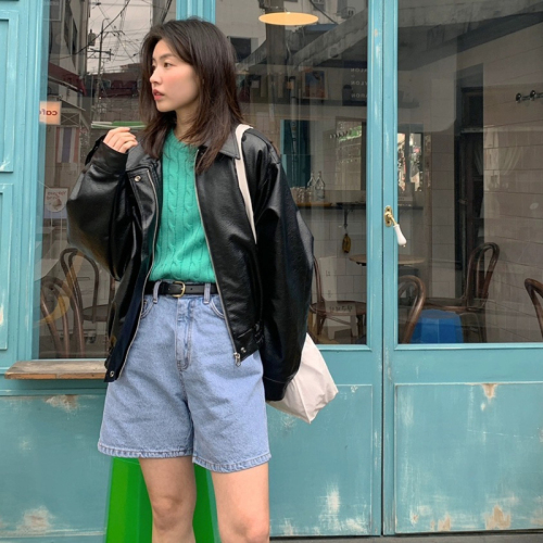 Fruit green solid color retro jacket style PU leather short coat Korean style autumn new Hong Kong style casual gram top