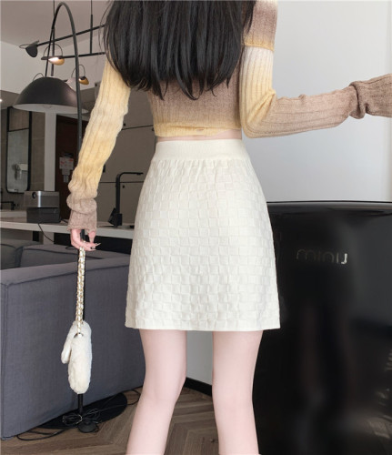 Actual shot of 2024 autumn and winter new plaid knitted skirt high-waisted A-line drawstring elastic waist woolen skirt