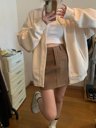 Hong Kong chic simple style beige zipper jacket for women early autumn new loose age-reducing jacket baseball uniform top