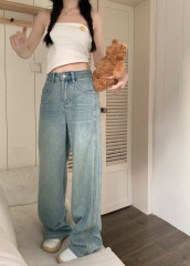 實拍  韓版復古水洗牛仔褲女寬鬆休閒闊腿直筒褲長褲