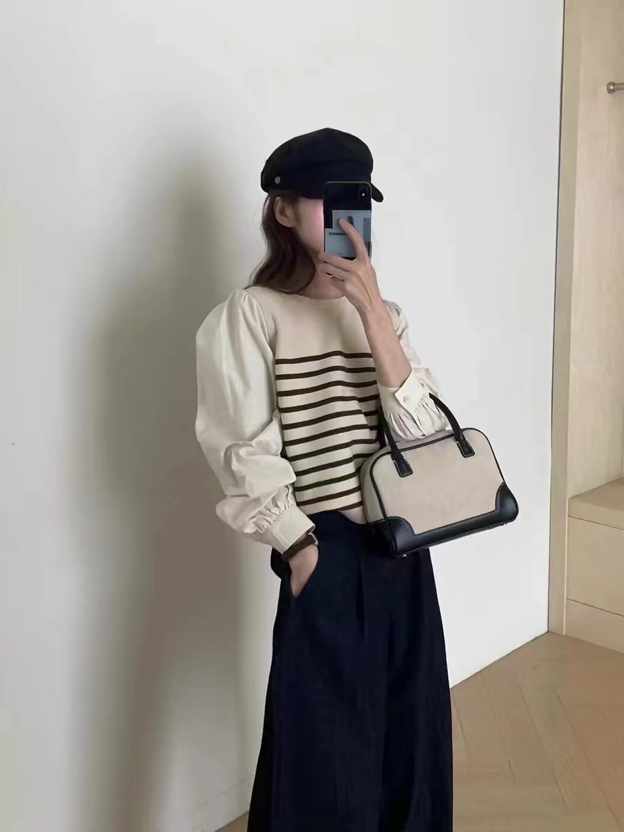 South Korea's Dongdaemun 2024 Spring and Autumn New Korean Style Loose Fake Two-piece Lantern Sleeve Spliced ​​Striped Pullover Sweater