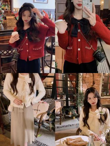 Xiaoxiangfeng bow beaded knitted sweater cardigan early spring autumn new year red festival girl knitted top