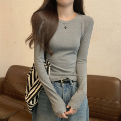 Real shot Autumn and winter Korean style slim round neck simple versatile long-sleeved T-shirt bottoming T-shirt top for women