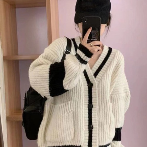 Korean style lazy college style sweater jacket for women spring and autumn loose retro striped mid-length knitted cardigan top