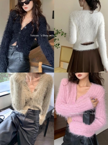 Actual shot of Korean style spring and autumn design, slim fit and versatile single-breasted V-neck faux mink backless shoulder-padded sweater cardigan