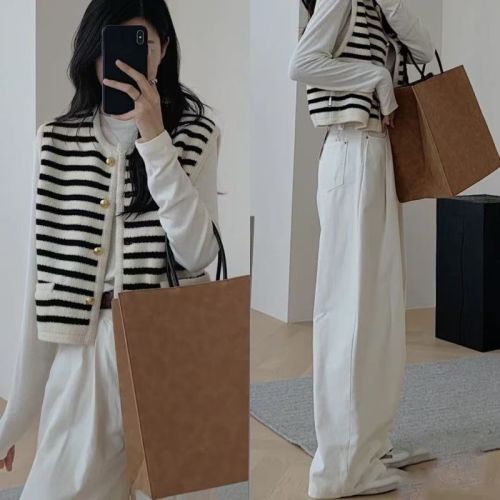 Xiaoxiangfeng black and white striped sleeveless knitted vest jacket for women spring and autumn cardigan outer wear sweater vest