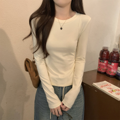 Real shot of autumn and winter Korean style slim round neck, simple and versatile temperament, slim long-sleeved T-shirt, base T-shirt top