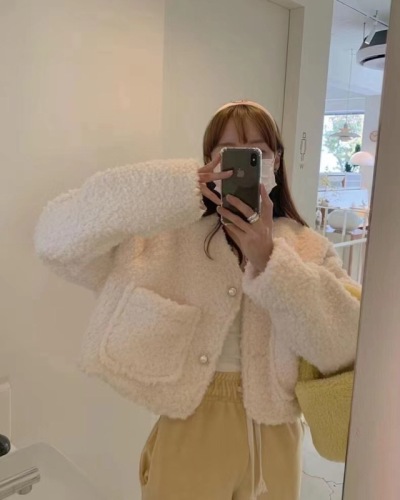 Korean chic small fresh lamb wool long-sleeved cardigan thickened short coat women's small fragrance jacket