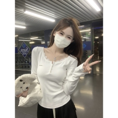 Actual shot of autumn and winter Korean style pure desire lace splicing half open collar button slimming long-sleeved T-shirt with inner top