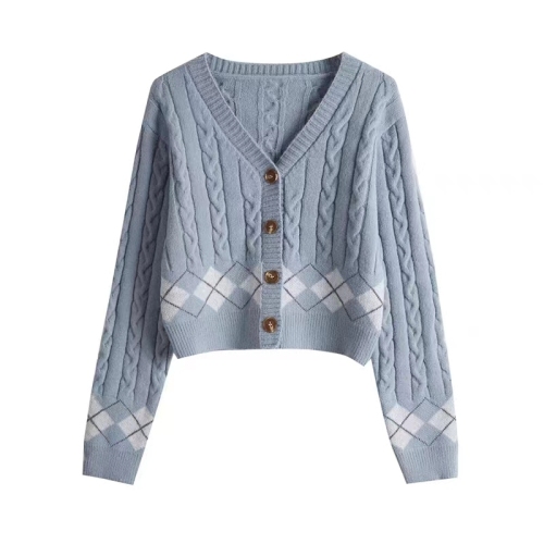 Plaid hemp pattern low-neck single-breasted cardigan top Korean style long-sleeved sweater