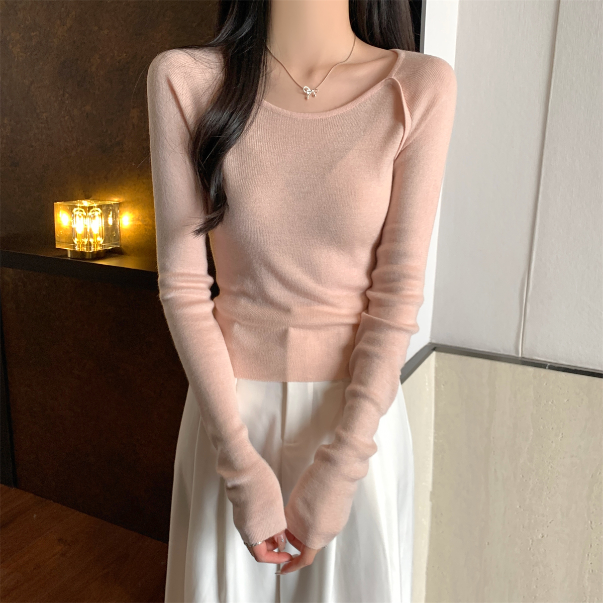 Real shot of autumn and winter Korean style round neck raglan warm, soft, waxy and slim 6 wool knitted bottoming long-sleeved top for women