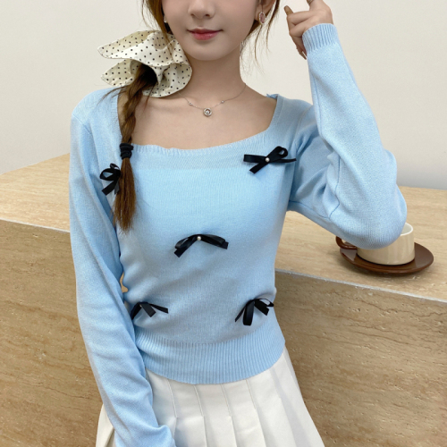 French bow beaded square neck long-sleeved knitted women's autumn design outer top, fashionable and versatile bottoming shirt