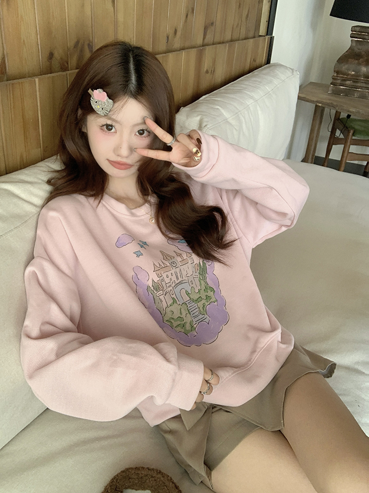 Original ~ real shot ~ rice wool sweatshirt, autumn round neck printed loose and versatile short sweatshirt for women with long sleeves