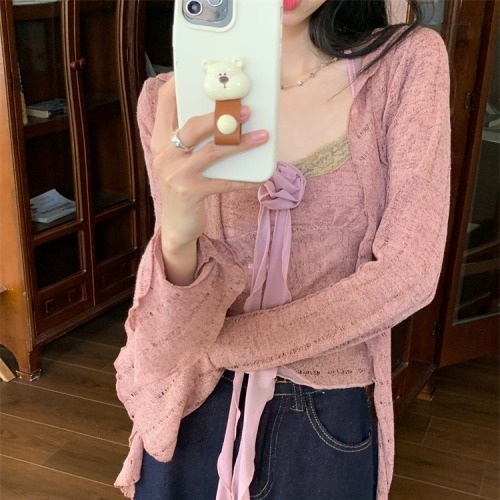 Real shot of ruffled long-sleeved tops for women in autumn halter-neck rose camisole cardigan two-piece set