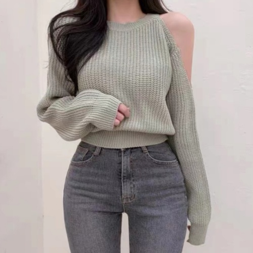 Korean chic autumn gentle and fresh round neck off-shoulder design loose and versatile long-sleeved sweater for women