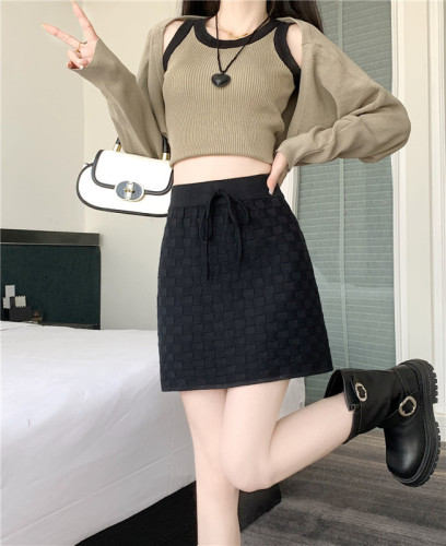 Actual shot of 2024 autumn and winter new plaid knitted skirt high-waisted A-line drawstring elastic waist woolen skirt