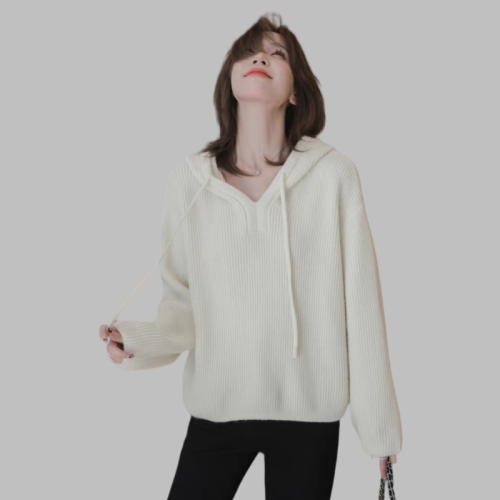 Xiaoguoli hooded sweater for women 2024 autumn and winter new fashion textured V-neck loose lazy style long-sleeved knitted